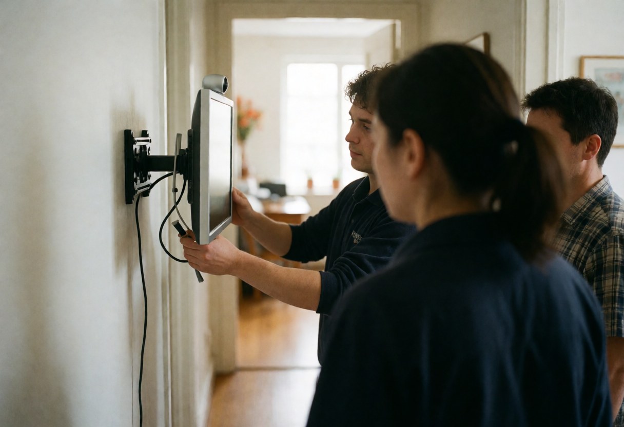 Technician installs a security camera monitor on a white wall while two people observe the installation service in a hallway with a wooden floor.