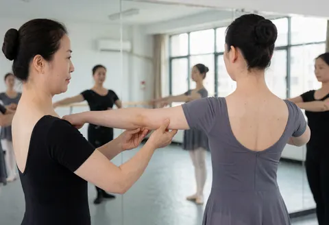 Dance instructor correcting a student's arm position in a bright studio with mirrors and natural light