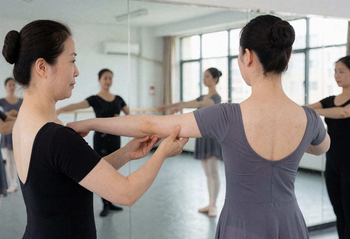 Dance instructor correcting a student's arm position in a bright studio with mirrors and natural light