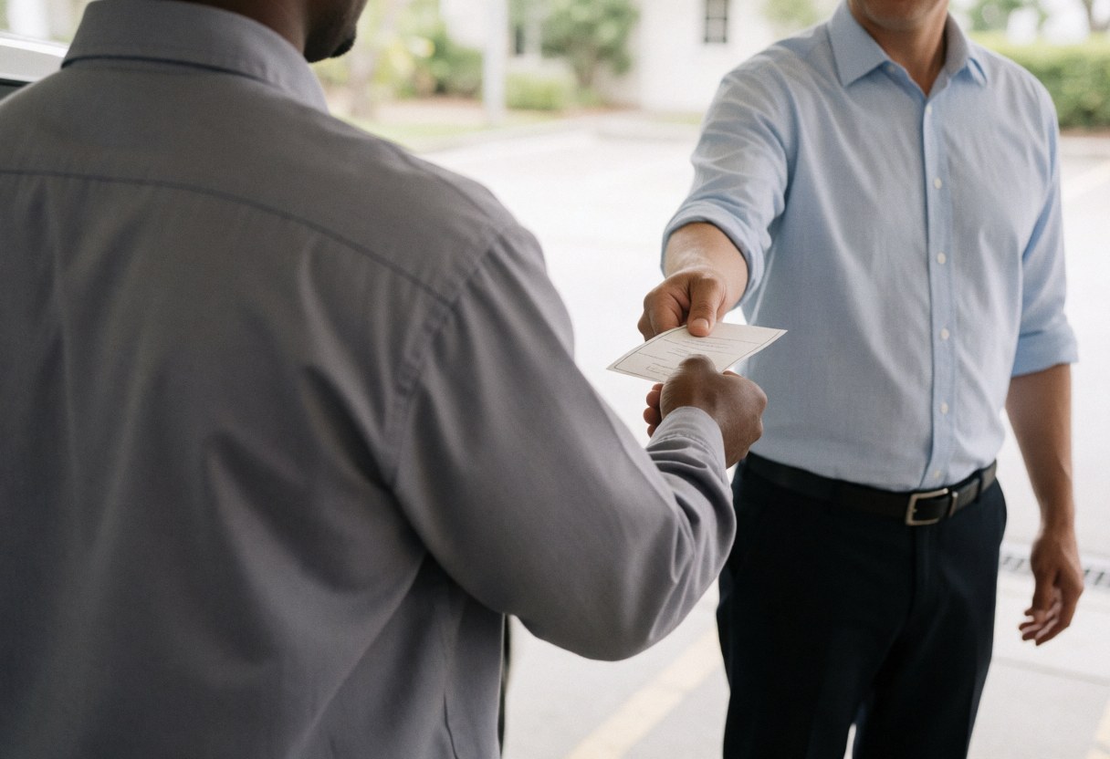 A parking service employee in a gray uniform hands a ticket to a client in a well-lit outdoor lot