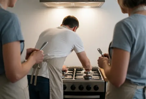 Technician in an apron repairing a kitchen stove with two people watching from behind against white walls and kitchen lights