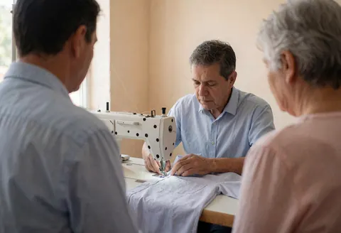 A man sewing a formal shirt on a sewing machine while two people observe in a workshop with beige walls and natural light