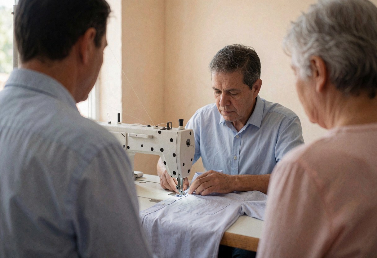A man sewing a formal shirt on a sewing machine while two people observe in a workshop with beige walls and natural light
