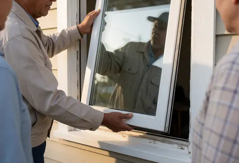 Worker installing an insulated window in a house during sunset while others watch the service work.