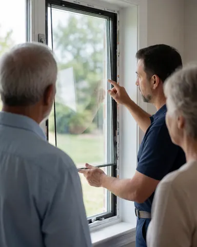 A technician explains the features of a newly installed insulated window to a client inside a modern home.