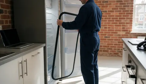 Technician installing a refrigerator door gasket during an appliance repair service