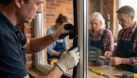 A technician wearing gloves installs a rubber seal into a window frame against a brick wall, with reflections of other workers visible in the glass.