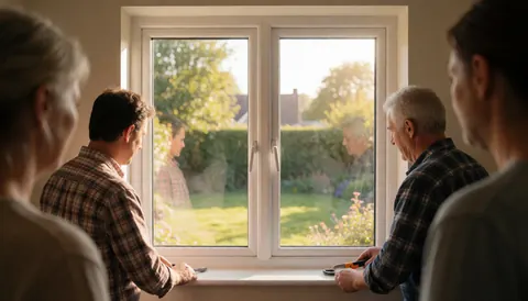 Workers installing a white window in a house with tools and a garden visible outside