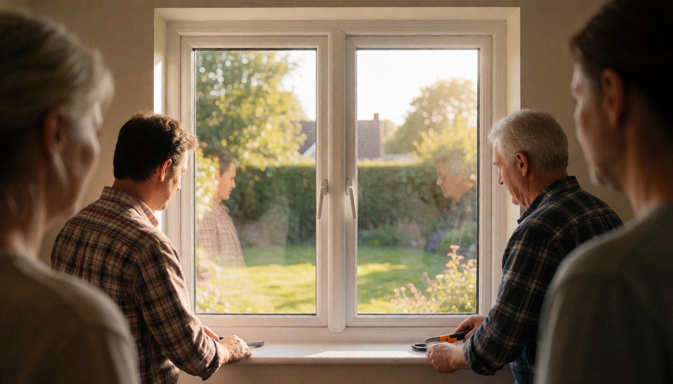 Workers installing a white window in a house with tools and a garden visible outside