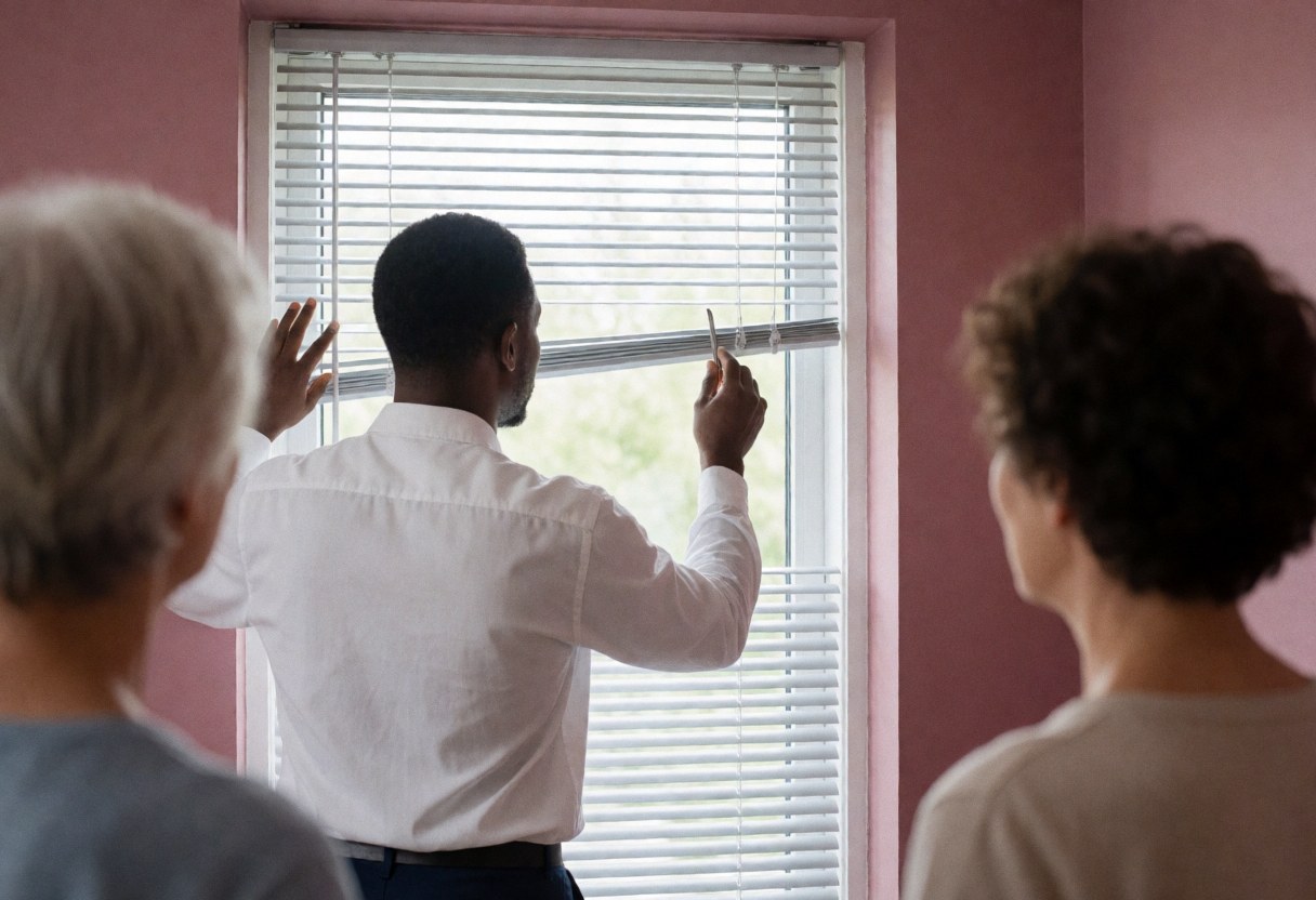 Technician adjusting insulation blinds on window with pink walls and natural light during window installation service