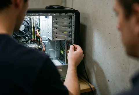 Technician inserting USB into open computer on desk with concrete wall and work light