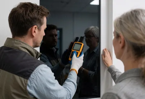 A technician wearing gloves inspects a window frame with a measuring tool while a client observes the white frame.