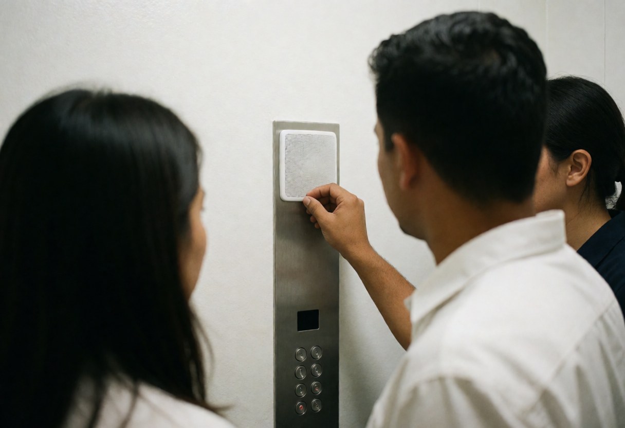 Technician testing the elevator intercom with a button panel and white wall during an elevator repair service