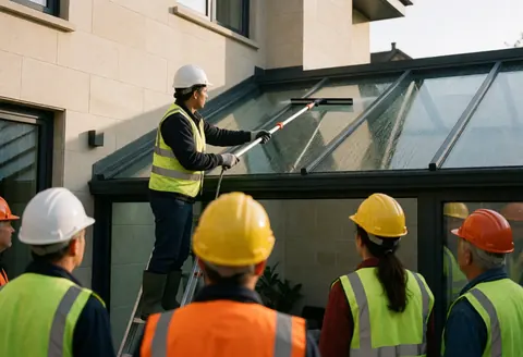Worker wearing helmet and vest cleaning skylight glass with blower, surrounded by other workers in safety gear.