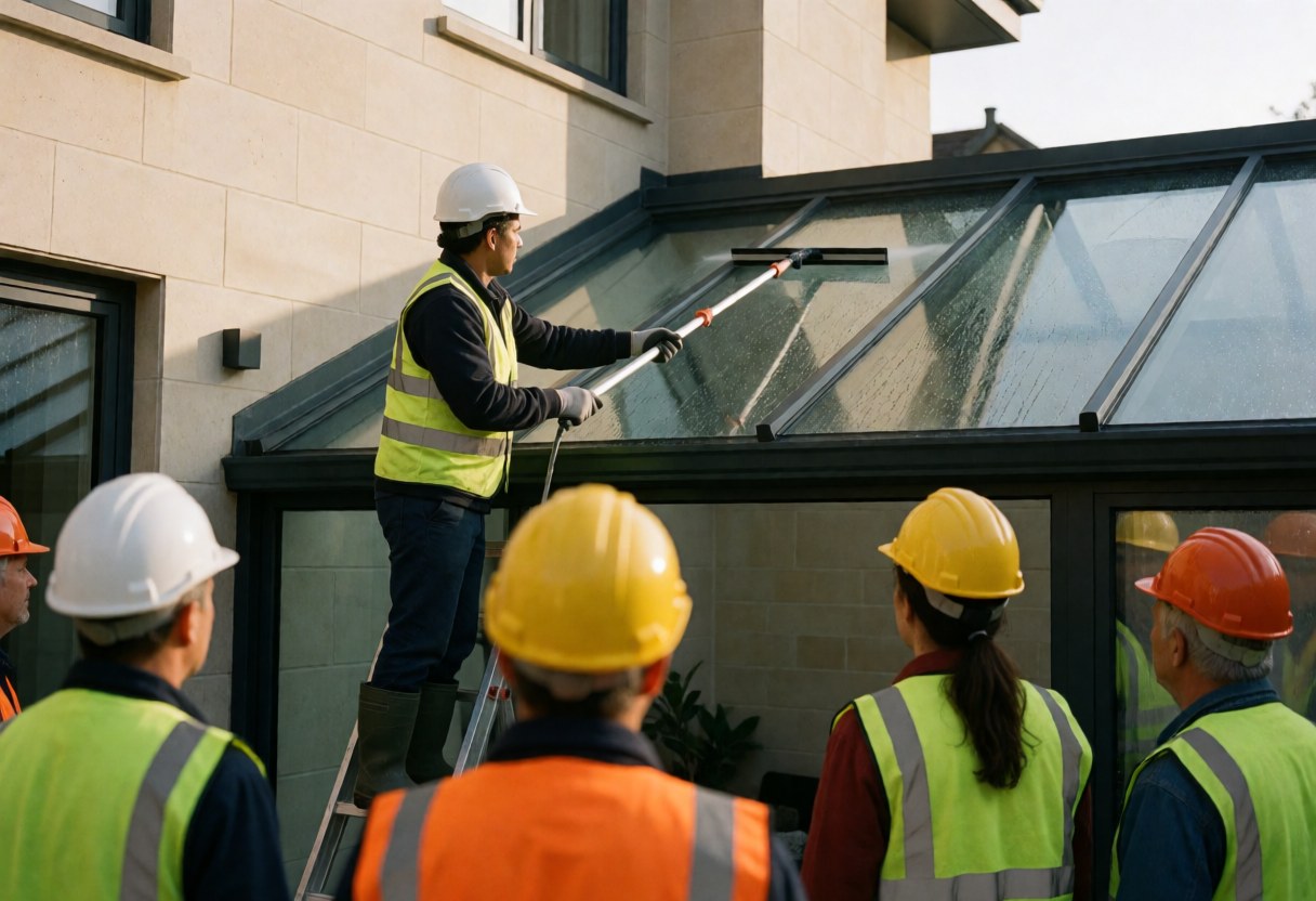 Worker wearing helmet and vest cleaning skylight glass with blower, surrounded by other workers in safety gear.