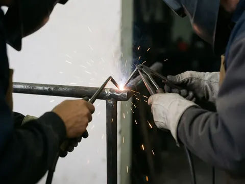 Close-up of a metal bar being welded with bright sparks flying during installation work