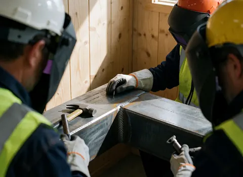 Three welders wearing helmets and vests observe a steel joint with a weld pattern, tools, and wood in the background.