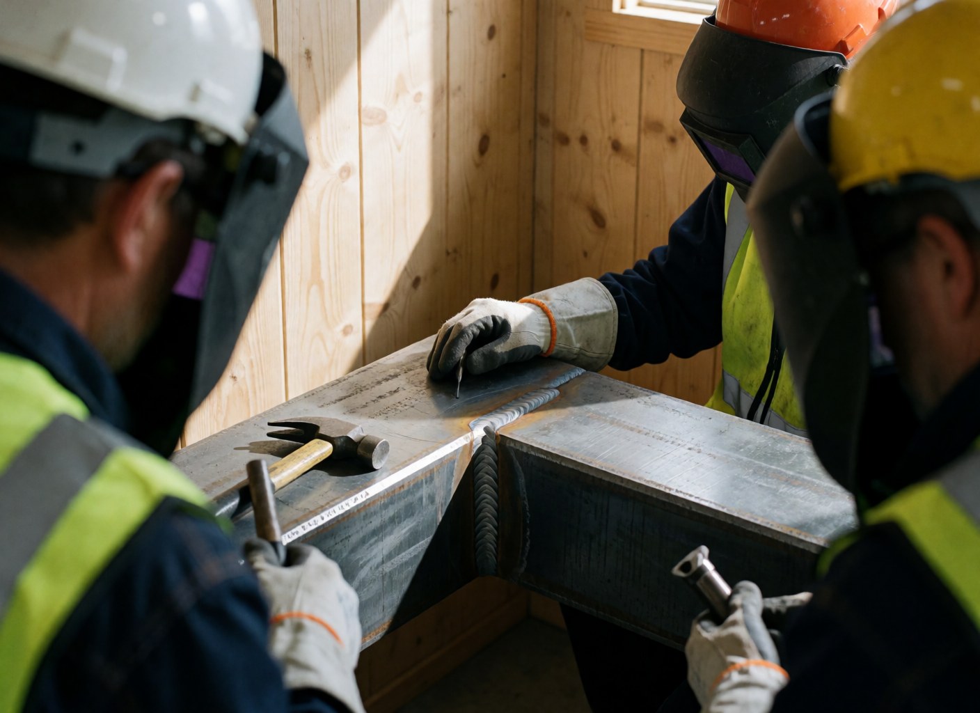 Three welders wearing helmets and vests observe a steel joint with a weld pattern, tools, and wood in the background.
