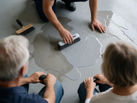 A worker applies a cleaning solution to an industrial concrete floor while two observers watch from the background during a commercial cleaning service.