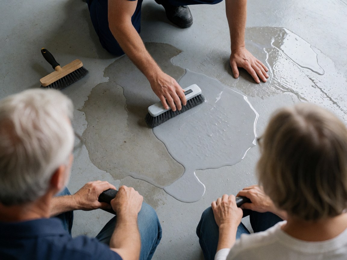 A worker applies a cleaning solution to an industrial concrete floor while two observers watch from the background during a commercial cleaning service.