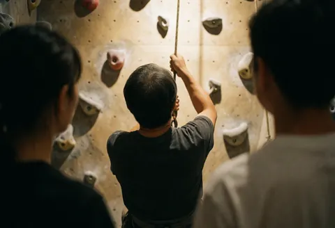 Climbing coach managing rope descent on a textured gym wall under warm lighting