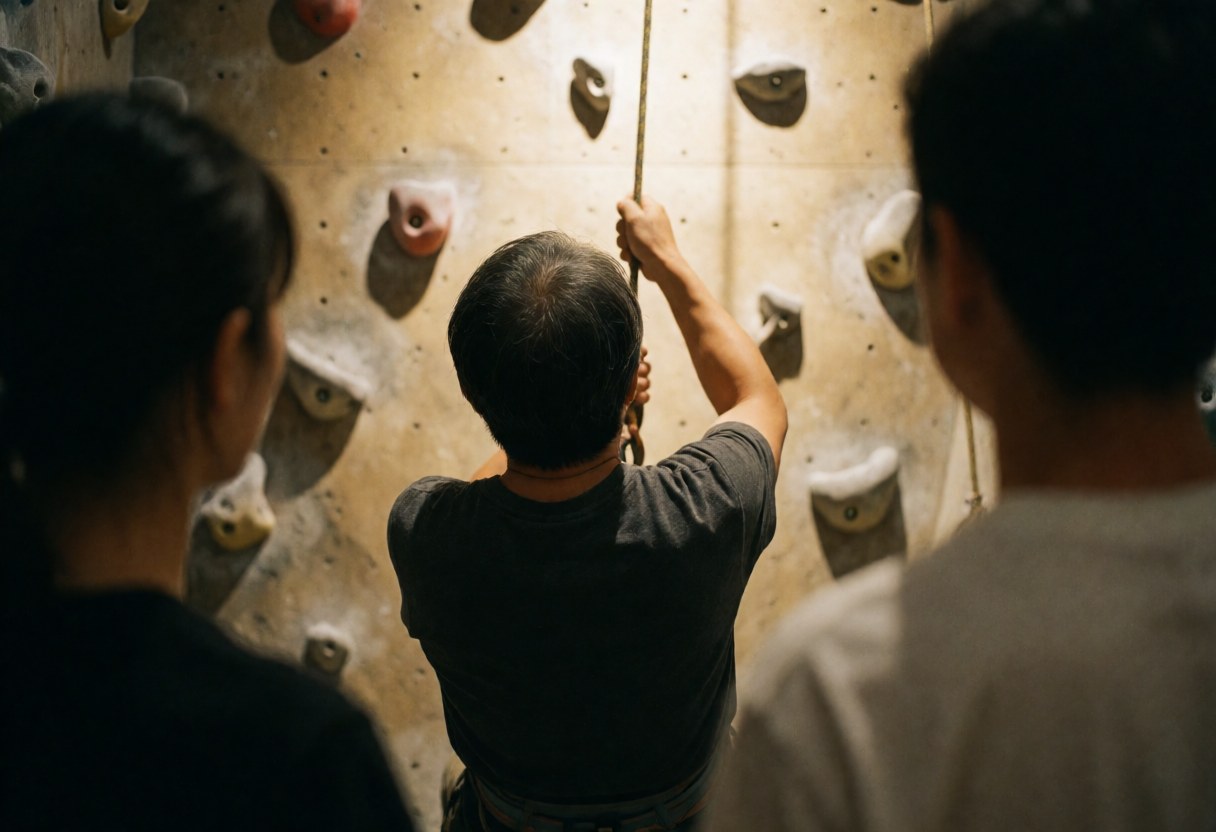 Climbing coach managing rope descent on a textured gym wall under warm lighting