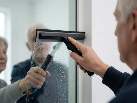 Close-up of a hand using a black squeegee to clean a glass pane with water against a white wall for window cleaning service