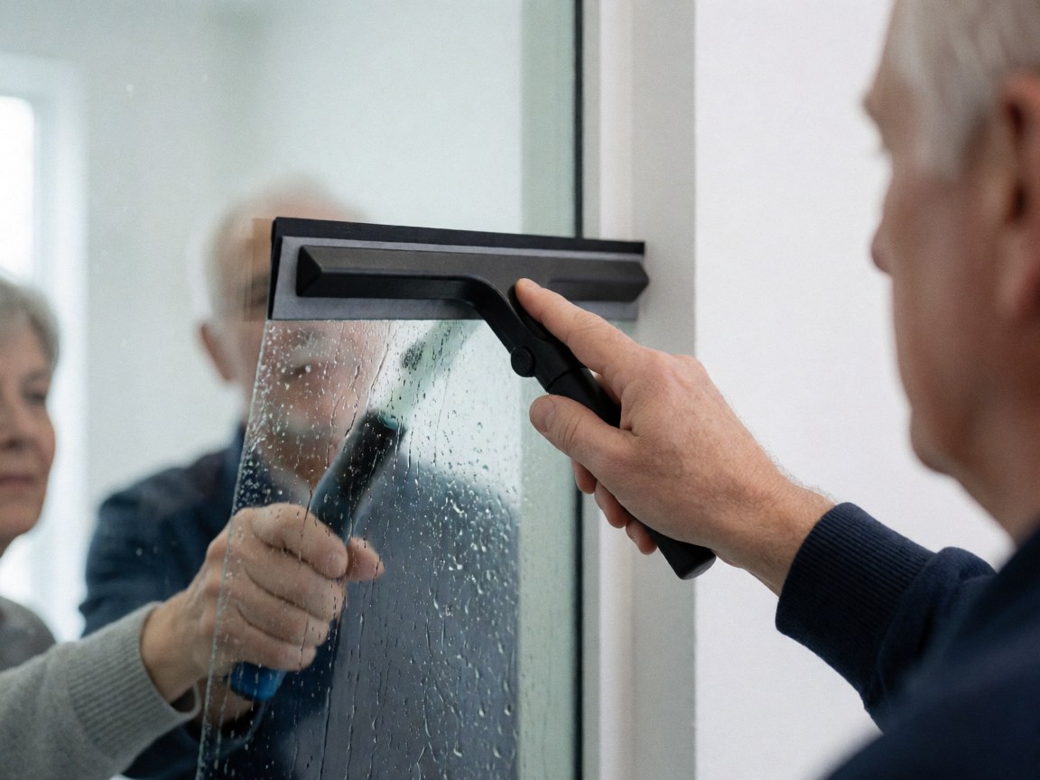 Close-up of a hand using a black squeegee to clean a glass pane with water against a white wall for window cleaning service