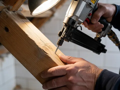 Close-up of a pneumatic nail gun driving a nail into a wooden roof rafter during repair work.