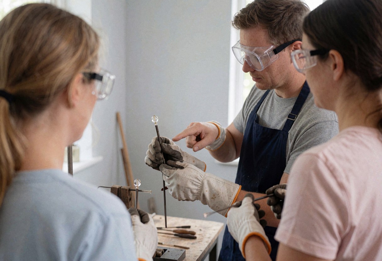 Instructor wearing safety glasses and gloves teaches students to shape hot glass with tools in a well-lit studio