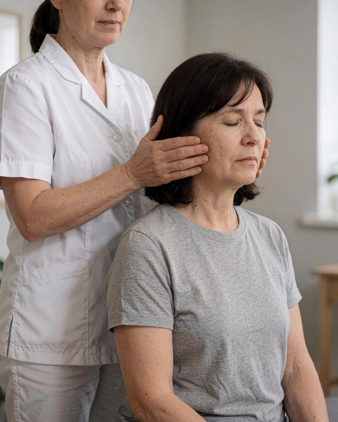 A therapist wearing a white uniform performs a cervical massage on a seated client in an office with light gray walls.