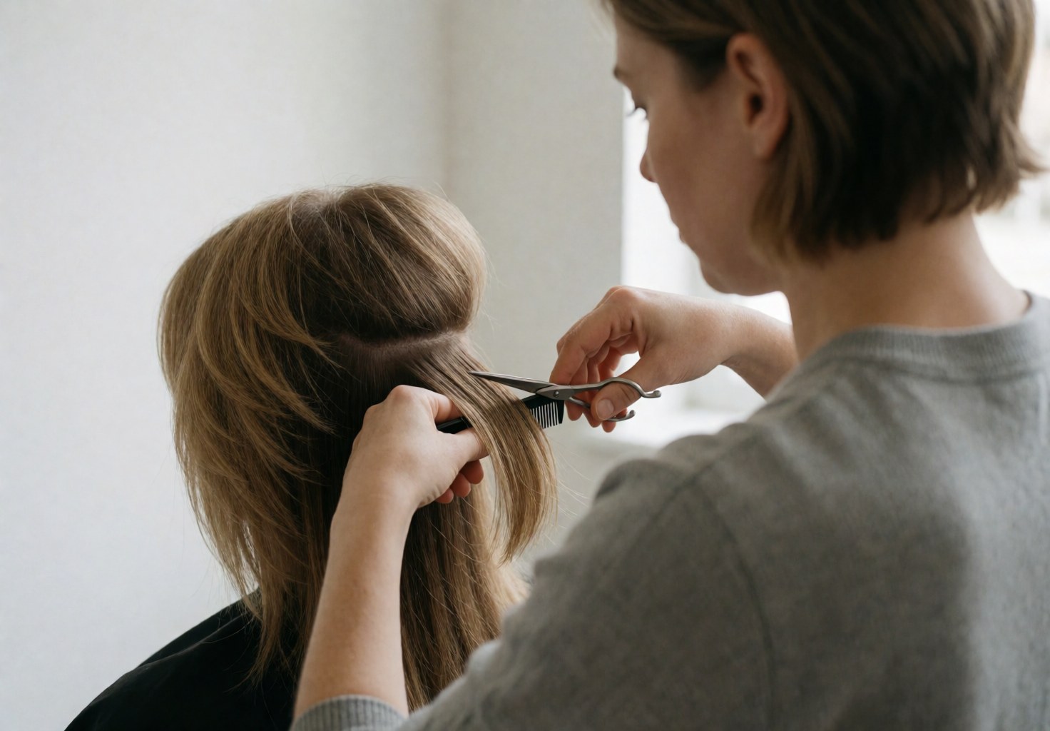 A stylist uses scissors to cut hair in a salon with white walls and natural lighting, showcasing professional hair care services.