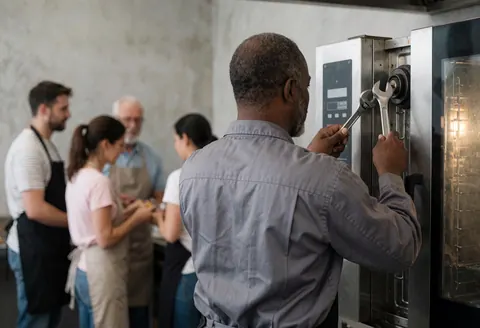 Technician using tools to adjust a commercial oven in a kitchen with concrete walls while others watch the service.