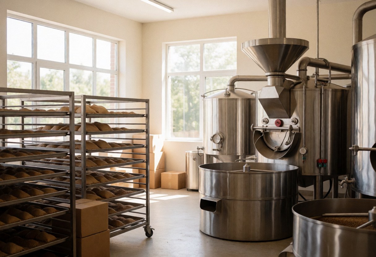 Interior view of a coffee factory featuring stainless steel tanks, drying racks, and natural light streaming through large windows.