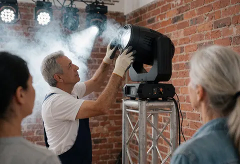 Technician adjusting a moving head spotlight on a truss rig with brick wall and stage smoke for event lighting service