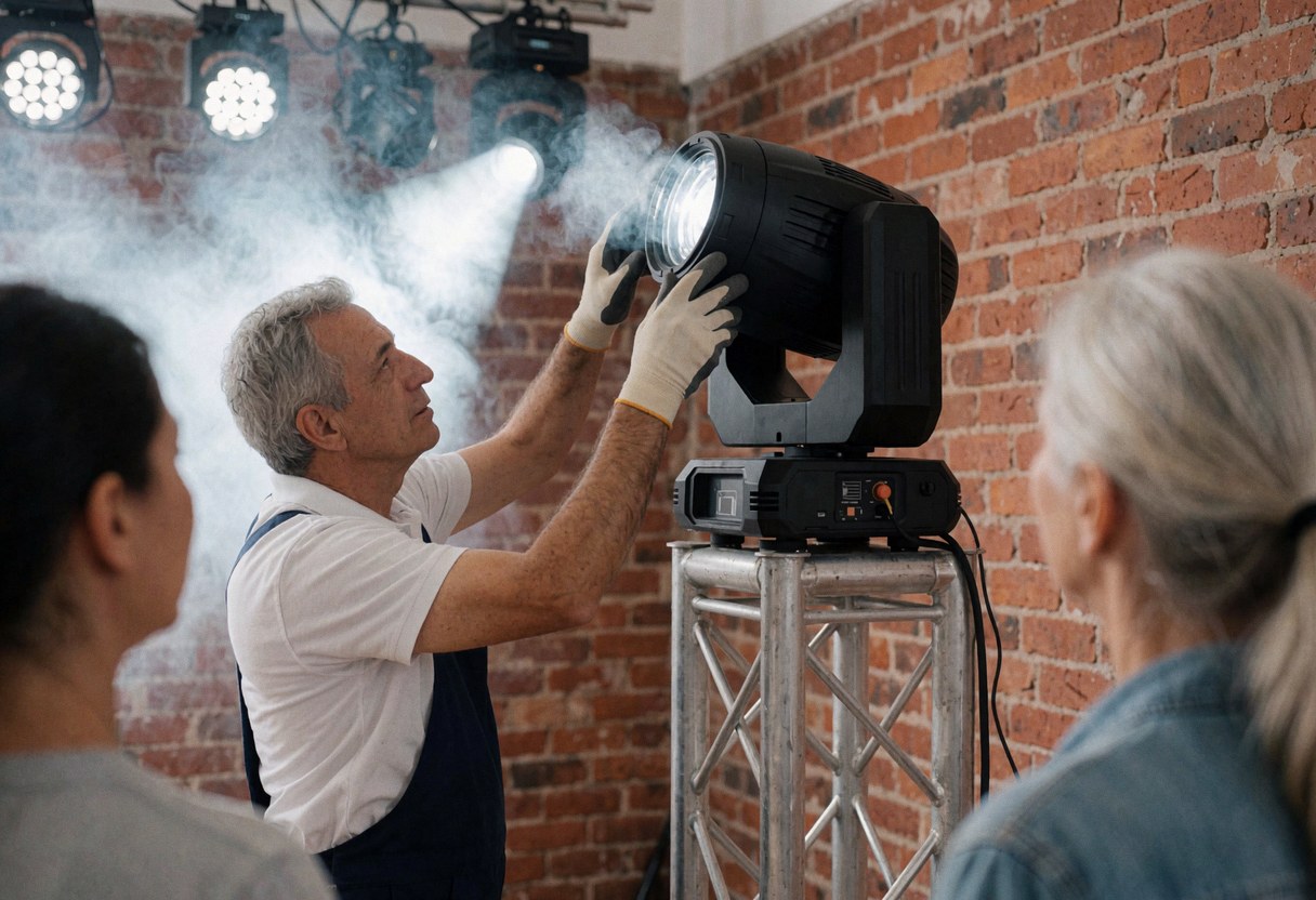 Technician adjusting a moving head spotlight on a truss rig with brick wall and stage smoke for event lighting service