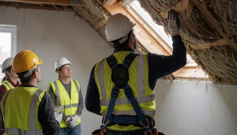 Worker checking fiber insulation on a roof with wooden structure and other workers observing at a roofing job site.