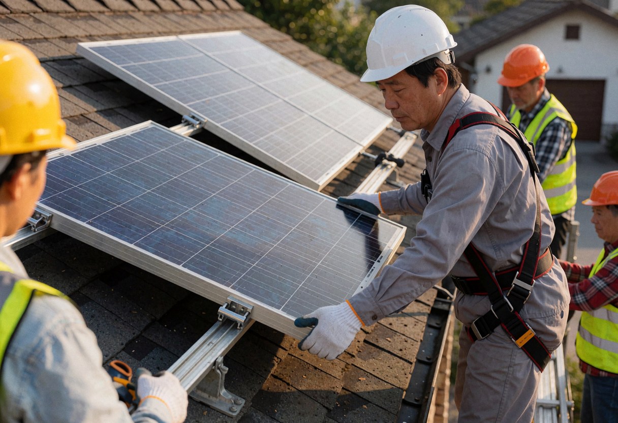 Technician with helmet and harness installs blue solar panel on shingled roof while other workers assist