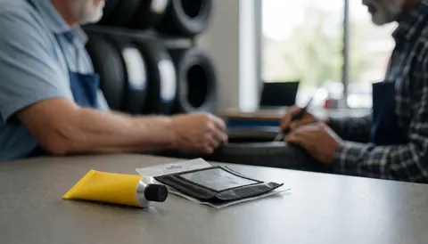Yellow cement tube and patch kit on a workbench in a tire repair shop with tires in the background