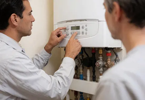 A technician adjusts the digital control panel of a boiler with visible pipes while a client observes the service in a clean room.
