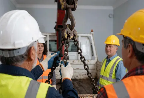 Workers wearing helmets and vests adjust a crane chain on a cargo truck, showing crane services in action.