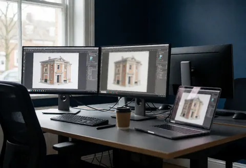 Desk with monitors displaying a building, coffee, and navy blue wall, ideal for architecture studio.