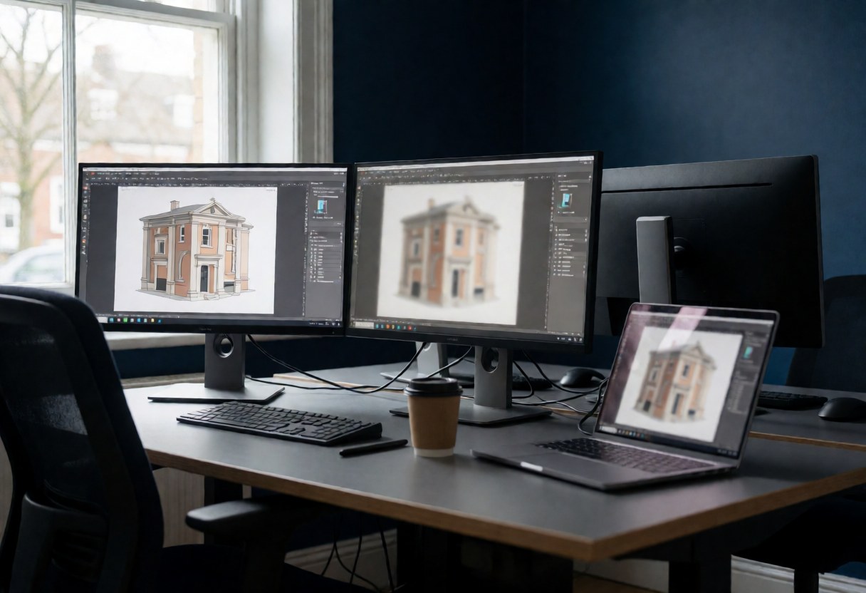 Desk with monitors displaying a building, coffee, and navy blue wall, ideal for architecture studio.