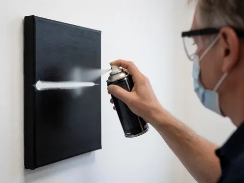 Artist wearing glasses and mask creates a precise white line with spray paint on a black canvas hanging on a white wall.