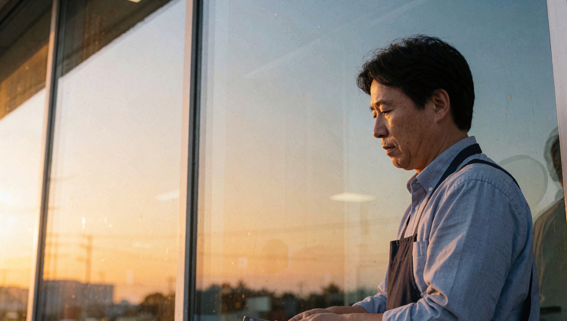 A man in an apron cleans a large glass window reflecting the golden sunset on a commercial building facade.