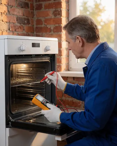 Technician wearing gloves examines the inside of a white electric oven using a digital multimeter in a kitchen with brick wall and natural light
