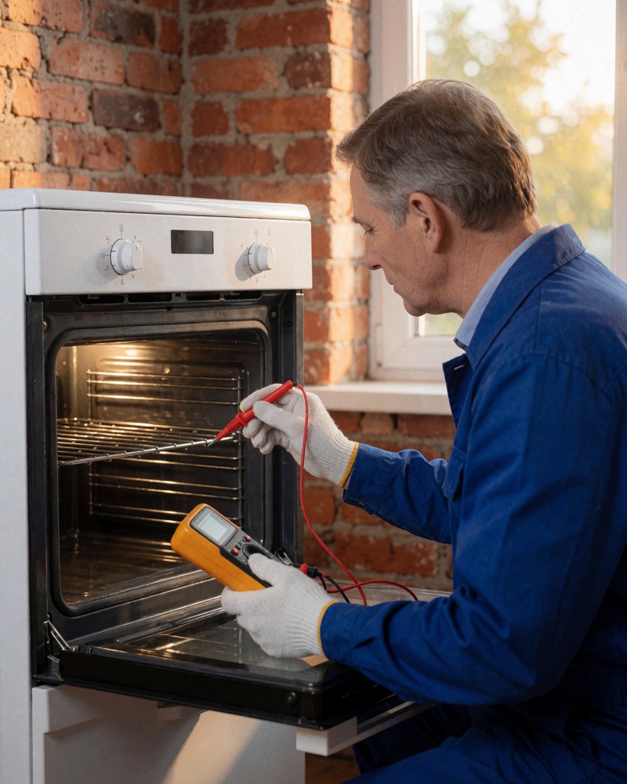 Technician wearing gloves examines the inside of a white electric oven using a digital multimeter in a kitchen with brick wall and natural light