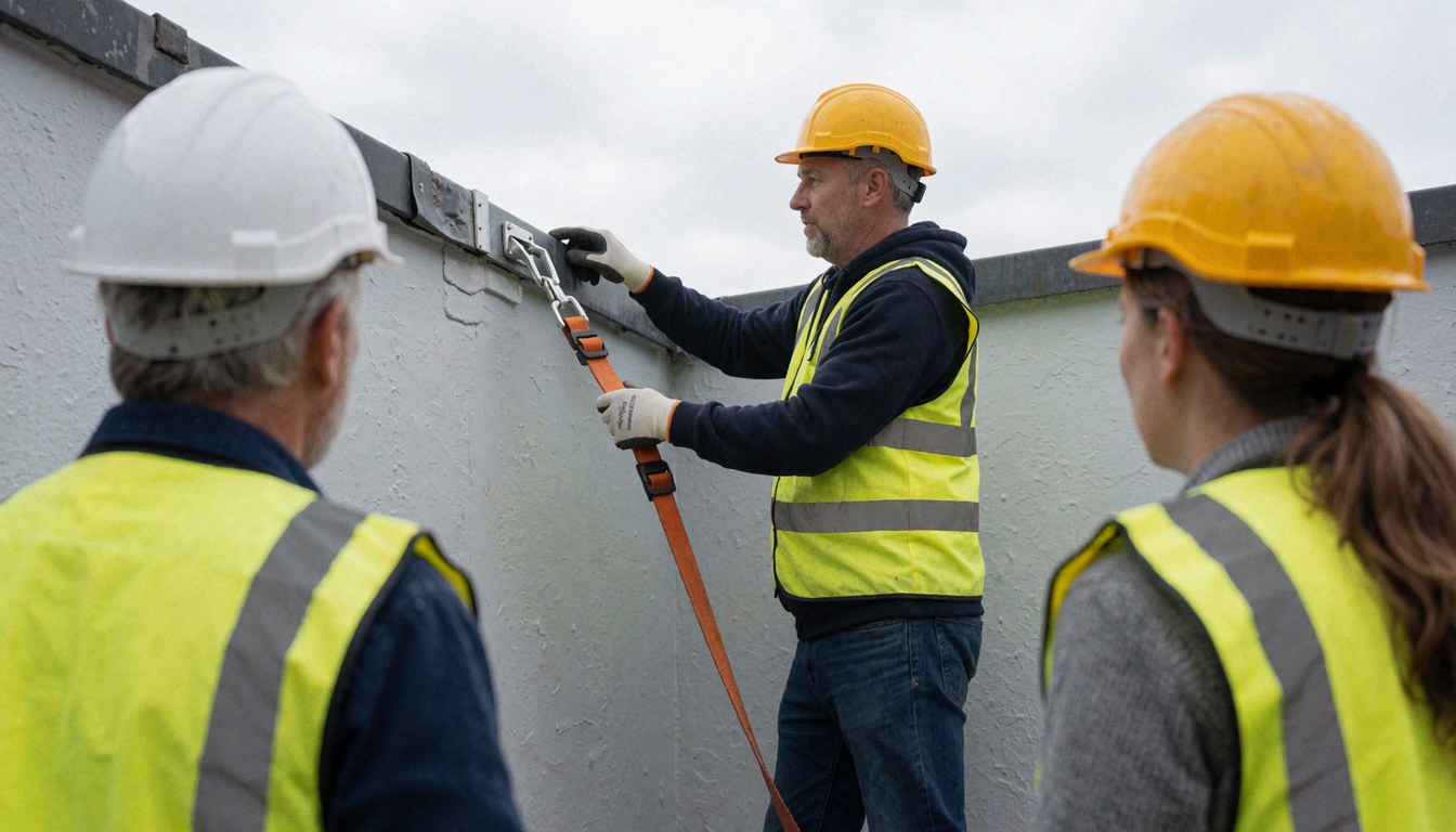 Worker installing safety anchor on roof with safety belt while two colleagues observe nearby