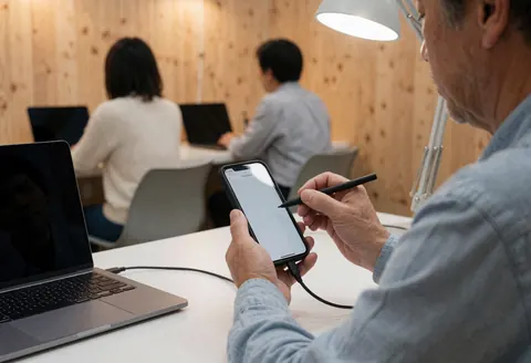 Technician testing a cell phone screen with a stylus in a repair shop with wooden walls and desk lighting