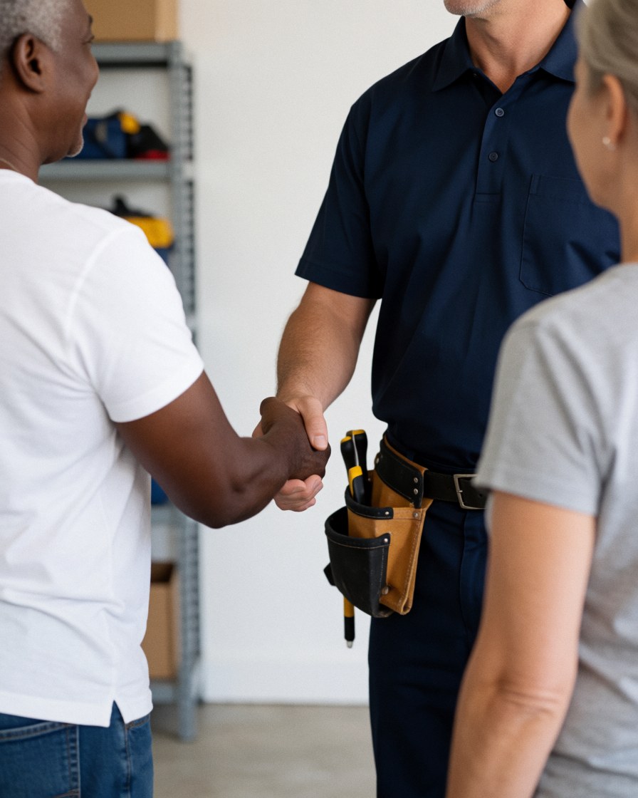 A technician wearing a tool belt shakes hands with a client in a well-lit garage while a woman watches closely.